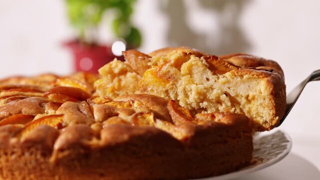 Slice of homemade apricot pie lifted on a spatula beside the whole cake, showing soft crumb and baked fruit in a bright kitchen