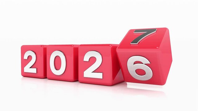 Video animation of red cubes and the years 2026 and 2027 in silver on a white reflective background - represents the new year 2027 - vacation concept.