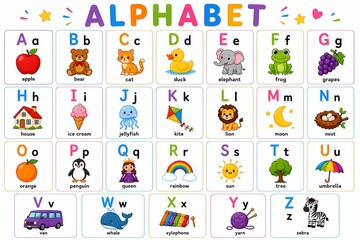 Fototapeta premium English alphabet poster with cute animals and objects. ABC learning chart for preschool and kindergarten kids. Educational printable