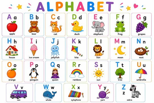 English alphabet poster with cute animals and objects. ABC learning chart for preschool and kindergarten kids. Educational printable