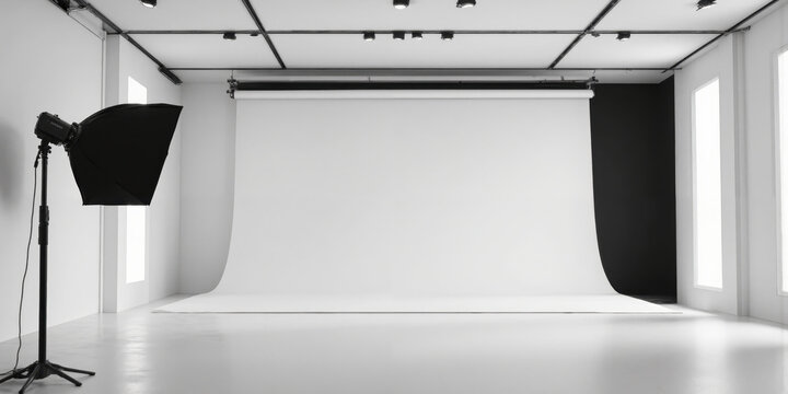 Minimal Black-and-White Photo Studio with Monochrome Backdrops A stark space featuring two adjoining backdrops-one white, one black-arranged in an L-shape