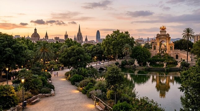 Barcelona Parc de la Ciutadella sunset cityscape with lake and bridge