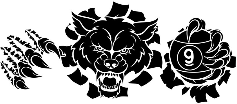 Wolf and 9 Ball Nine Ball Pool Cartoon Mascot