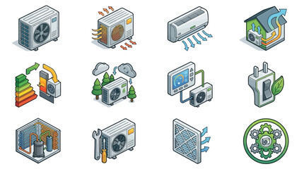 Collection of Isometric Air Conditioning and HVAC System Icons. © Ari