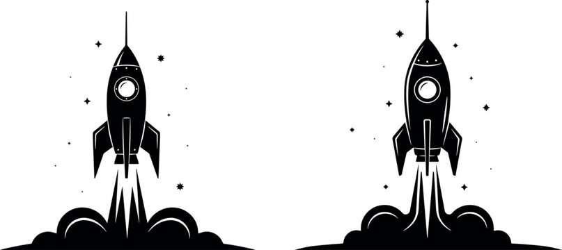 Black rocket launch vector icon set representing business start up project launch isolated on white background