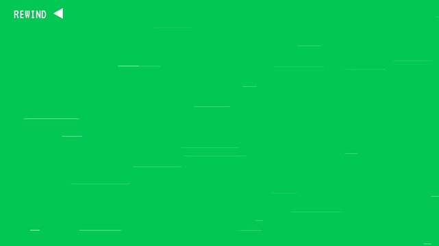 VHS Tape Rewind Glitch Effect on Green Screen with Tracking Lines and Digital Indicator Overlay