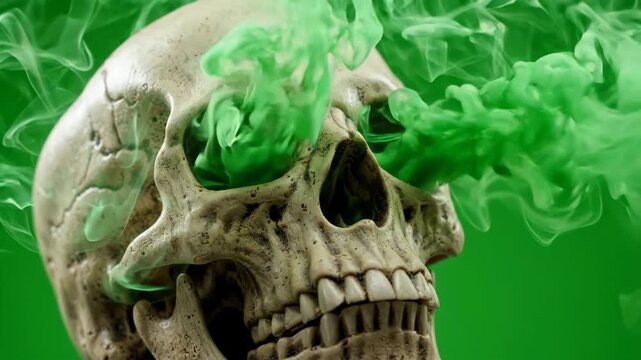 Cinematic human skull with thick green smoke billowing from eye sockets against a bright green screen background
