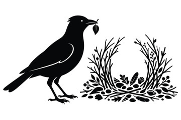 Fototapeta premium Black bird standing near forest plants with berries illustration