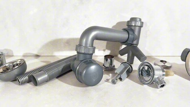 Assorted plumbing replacement parts arranged beside a sink with smooth camera movement for home repair and DIY maintenance visuals