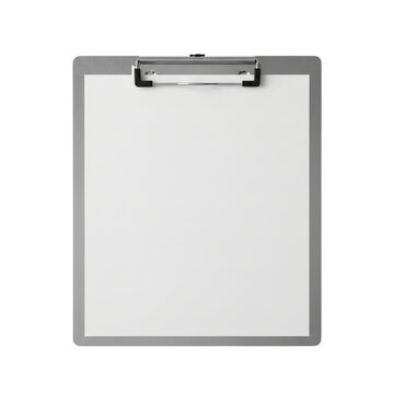 Clipboard with blank white paper sheet on gray checkered background.