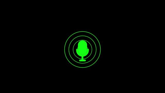Green microphone inside a circular ring on a black background representing audio recording podcasting or voice communication technology