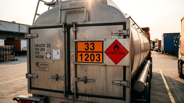 Industrial fuel tanker truck with flammable liquid hazard signs, 33 1203 ADR placards on a silver gasoline tank trailer, heavy duty petroleum transport vehicle in a logistics terminal
