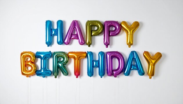 Happy Birthday text made of colorful foil balloons on white background, party decoration and greeting concept