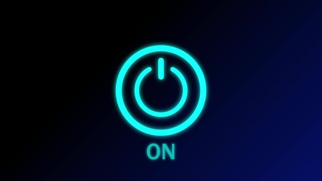 Glowing cyan power button symbol with the text on below on a dark blue gradient background representing activation and digital connectivity