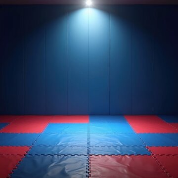 Empty taekwondo training mat with red, blue floor tiles. Martial arts dojo gym space under bright spotlight illumination. Pro combat sport studio interior for athlete practice, competition sparring,