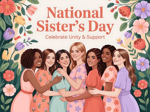 National sister's day illustration diverse women celebrating together with floral design
