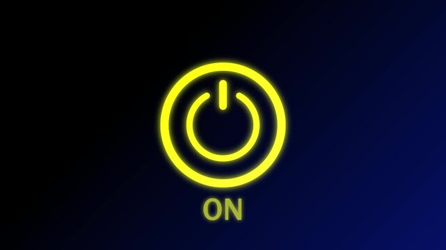 Glowing yellow power button symbol with the text on below on a dark blue gradient background representing activation and digital connectivity