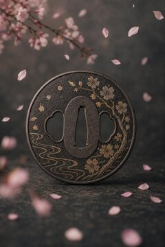 Sword guard with falling cherry blossom petals, soft background, symbolic still life.