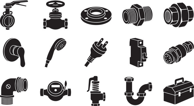 Plumbing pipeline valves and electrical hardware equipment vector icons set with water faucet pipe fitting and toolbox black silhouettes