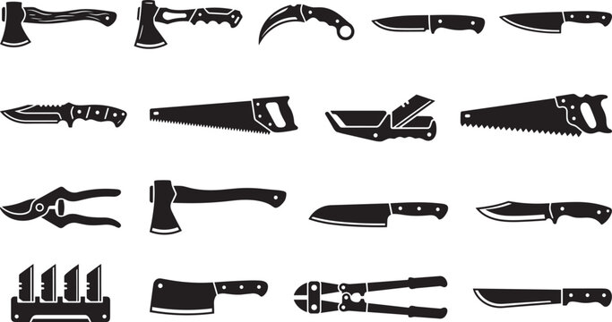 Sharp cutting hand tools and survival hunting equipment vector icons set with knife cleaver saw axe black silhouettes