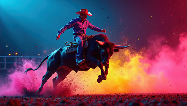 Rodeo cowboy rides bucking bull at extreme sports show event. Pro rider wears hat, boots in arena during competition. Animal kicks dust under bright neon red, blue lights. Dynamic action scene shows