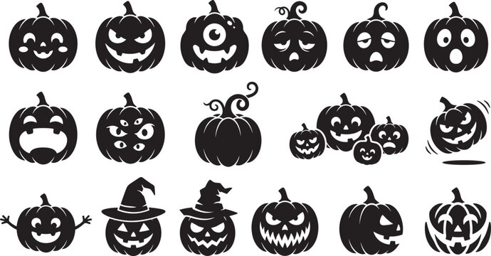 Spooky Halloween jack o lantern pumpkins vector icons set with funny cartoon character faces and witch hats black silhouettes