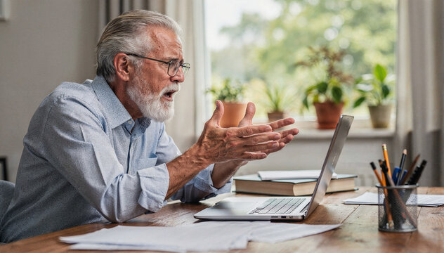 Angry senior man arguing during a video call on a laptop while working from home in a bright home office.