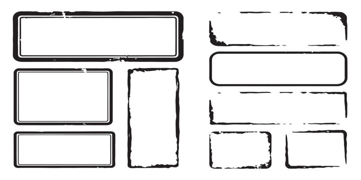 Set of black grunge rectangular frames and rubber stamp borders for design and text labels