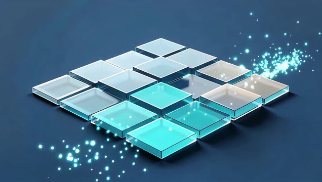 Abstract 3D rendering of glassy metallic modular blocks rising and caching data in cloud storage.