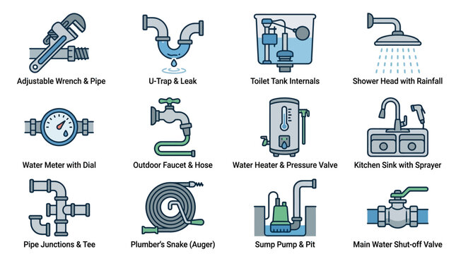 Collection of Plumbing and Sanitary System Icons.