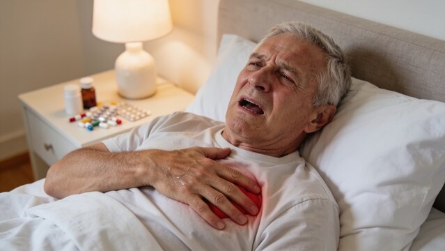 Senior man  chest pain and injury with heart condition or panic attack in bed at home. Elderly male person with ache  sore body or cardiac arrest in stress  anxiety or health in bedroom at house