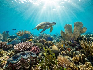 Fototapeta premium Sea Turtle Swimming Over Vibrant Coral Reef with Sunbeams