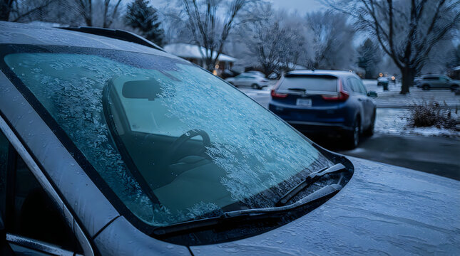 Frozen car windshield covered in ice during a cold winter day illustration