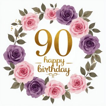 Golden number 90 with happy birthday text surrounded by pink and purple rose wreath. Elegant floral design for special ninety year celebration.