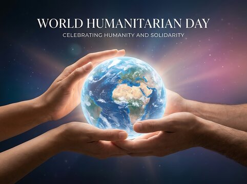 Hands holding earth globe symbolizing world humanitarian day and global unity solidarity humanity celebration
