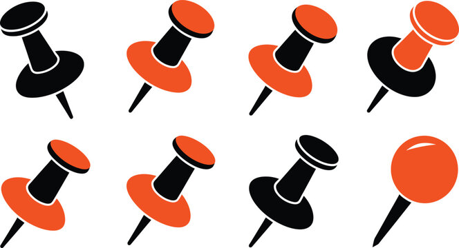 Push pins collection, office stationery accessories in black and orange color combinations and supply, bulletin board, and school and notice icons