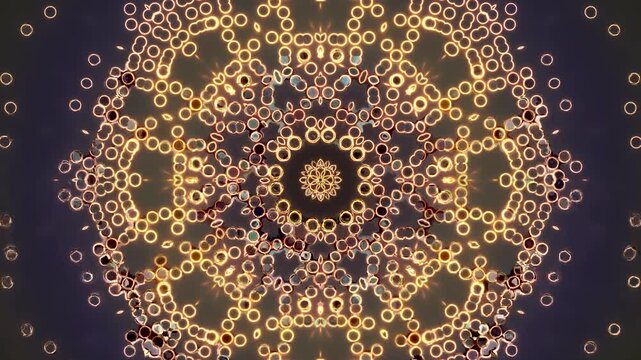 Abstract symmetrical pattern with glowing circular and geometric shapes on dark background.