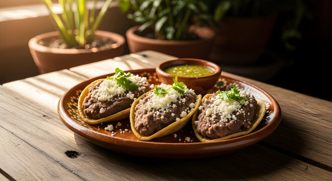 Tacos filled with savory beans and cheese sit on a rustic clay plate with a side of green salsa.