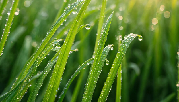 Fresh morning dew drops on green grass blades in close up