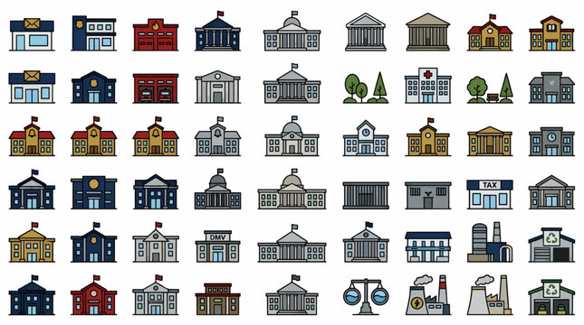 Flat Vector Icon Set of Government and Public Buildings, Including Post Office, Police Station, Fire Station, Courthouse, and Hospital