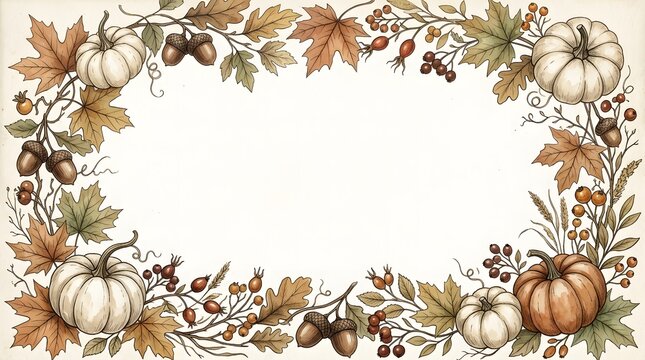 Autumnal frame with pumpkins maple leaves acorns and berries vintage botanical illustration