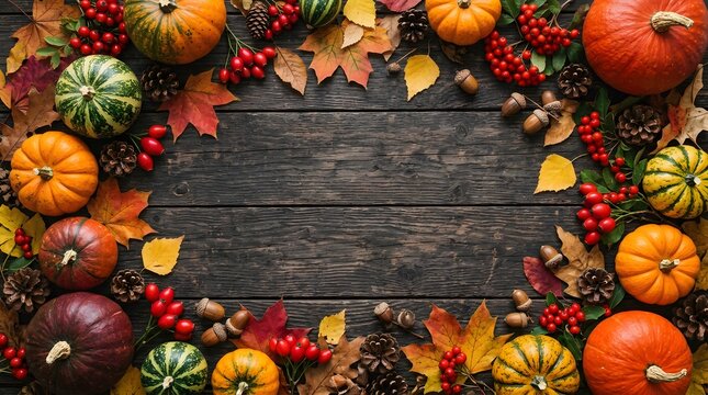 Autumn harvest arrangement pumpkins leaves berries and acorns on rustic wood background