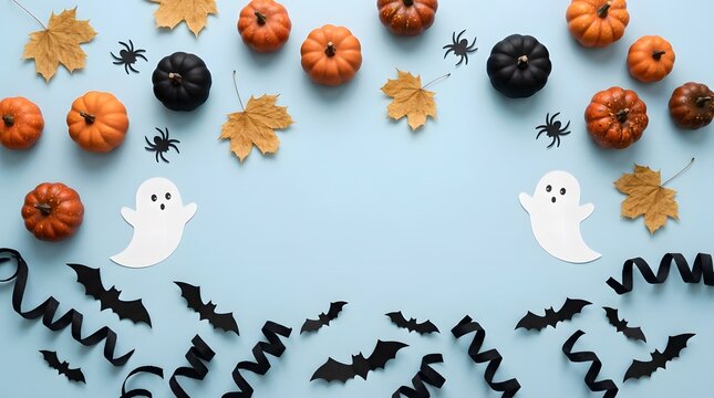Festive halloween layout with pumpkins ghosts spiders and autumn leaves on a pastel blue background