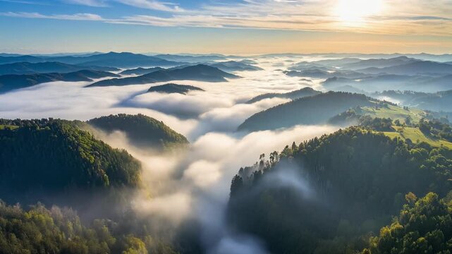 Cloud fog timelapse shifting layers continuous sunlight piercing through atmospheric sky