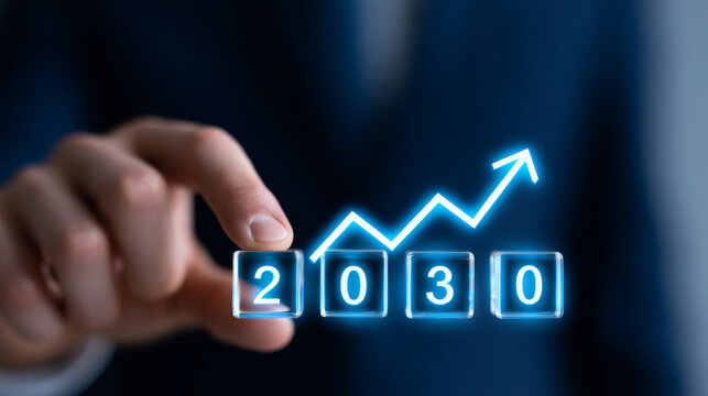 Business roadmapfuturistic concept with glowing upward arrow and business vision for 2030, symbolizing growth, innovation and future planning in corporate environment