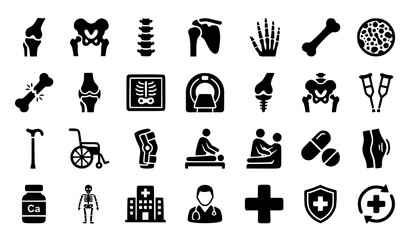Obraz premium Arthritis and Bone Health Solid Vector Icon Set Featuring Orthopedic Joint Replacement and Medical Care Symbols