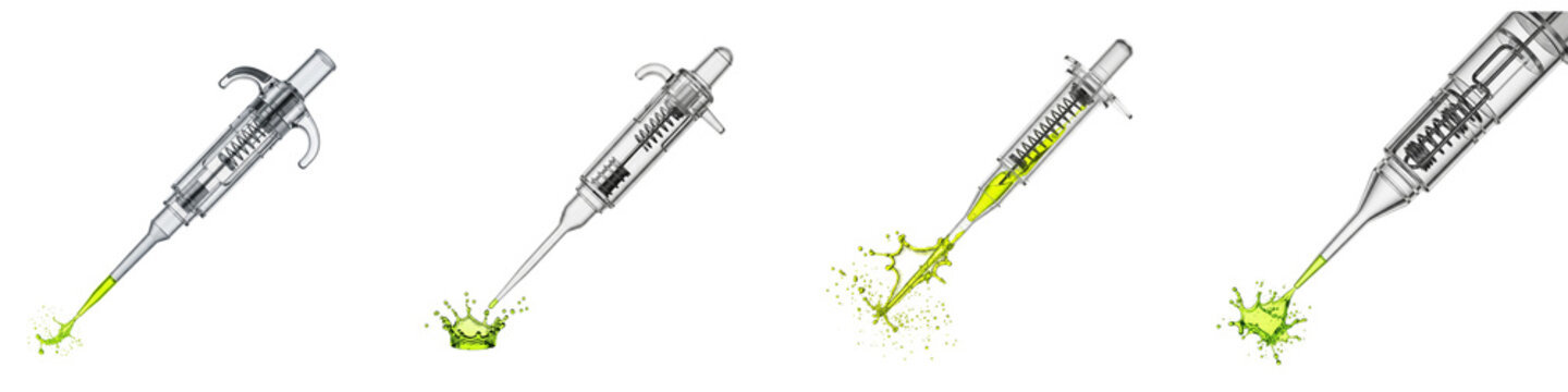 Medical syringes with green liquid injection splashing against black background