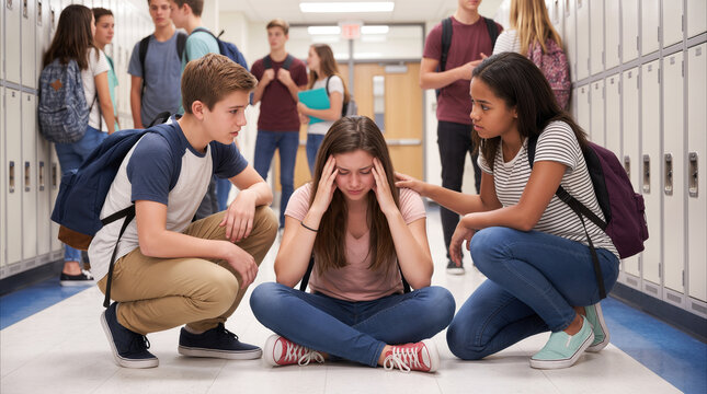 Students supporting upset classmate sitting on floor in school hallway. Friends comforting depressed teenage girl during break between classes.