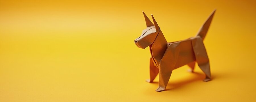 Brown paper origami dog figure stands on bright yellow background. Simple handmade craft animal art. Creative hobby design element for kids projects.