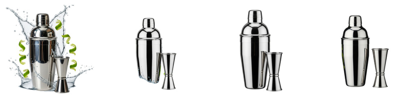 Metal cocktail shaker and jigger set with lime peel splashes isolated